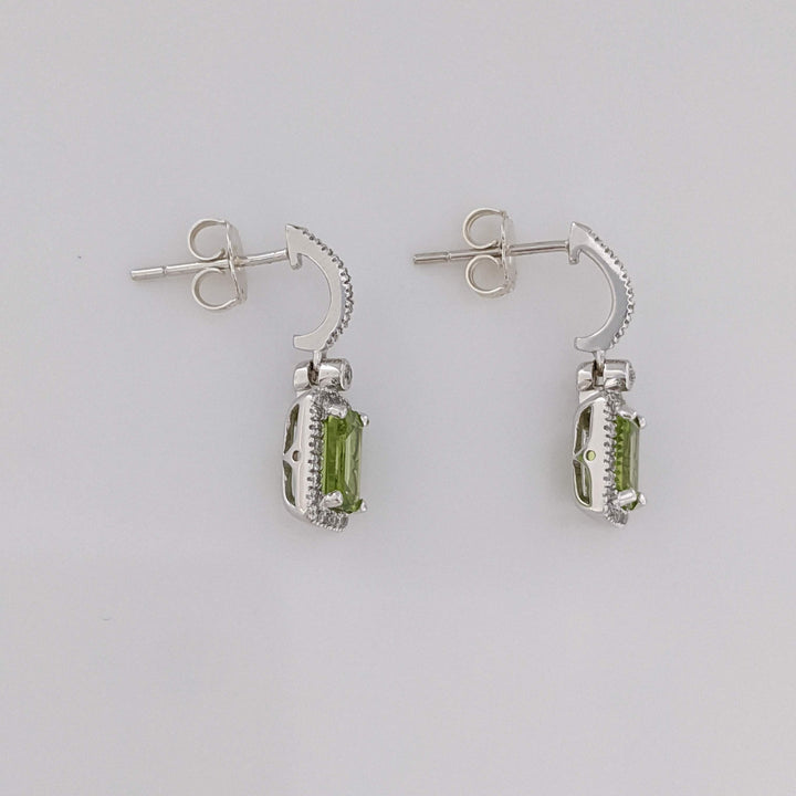 14K WHITE PERIDOT EMERALD CUT 5X7 WITH .33 DIAMOND TOTAL WEIGHT (66) ESTATE DANGLE EARRINGS 3.2 GRAMS