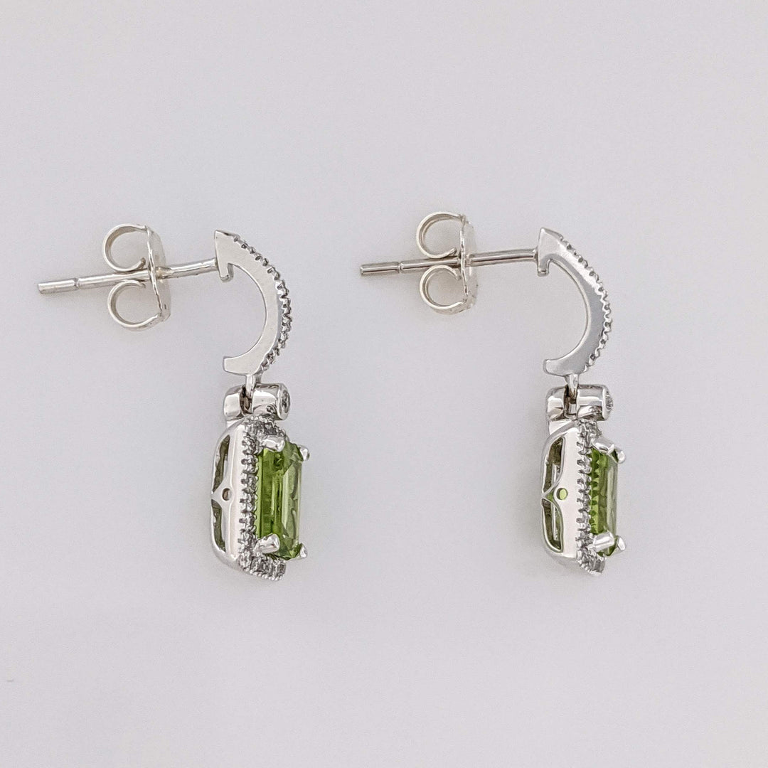 14K WHITE PERIDOT EMERALD CUT 5X7 WITH .33 DIAMOND TOTAL WEIGHT (66) ESTATE DANGLE EARRINGS 3.2 GRAMS