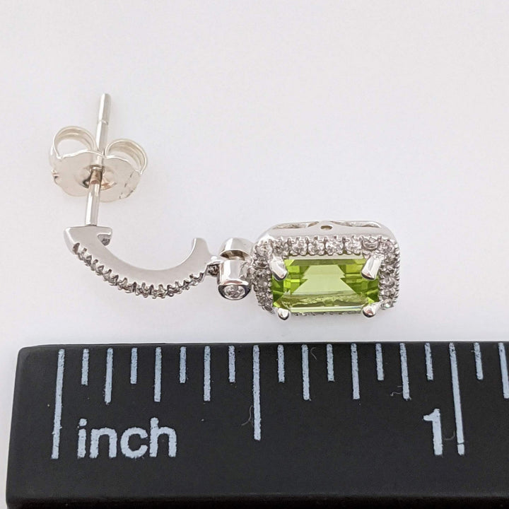14K WHITE PERIDOT EMERALD CUT 5X7 WITH .33 DIAMOND TOTAL WEIGHT (66) ESTATE DANGLE EARRINGS 3.2 GRAMS