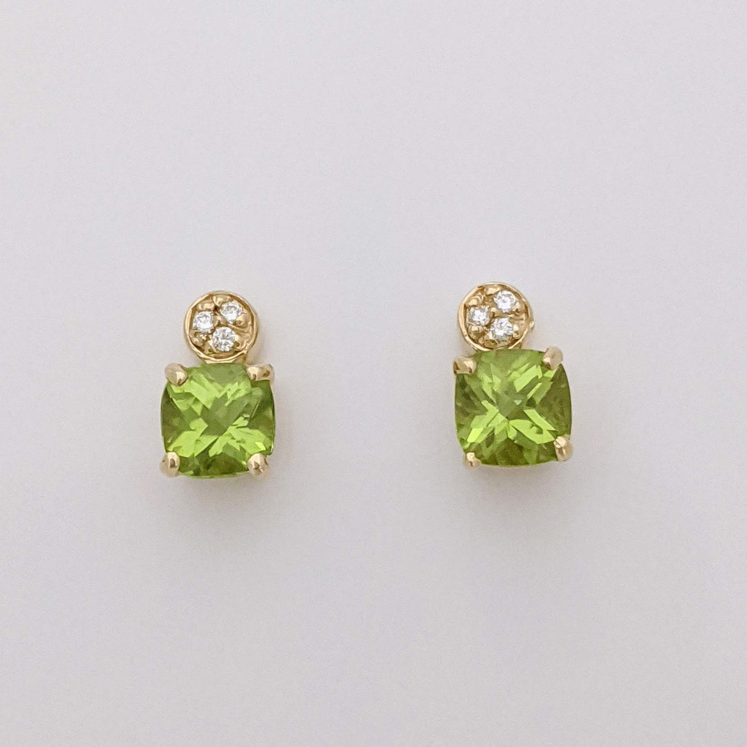 14K PERIDOT CUSHION CUT 5MM WITH (6) MELEE ESTATE EARRINGS 1.6 GRAMS
