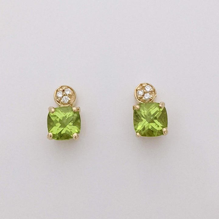 14K PERIDOT CUSHION CUT 5MM WITH (6) MELEE ESTATE EARRINGS 1.6 GRAMS