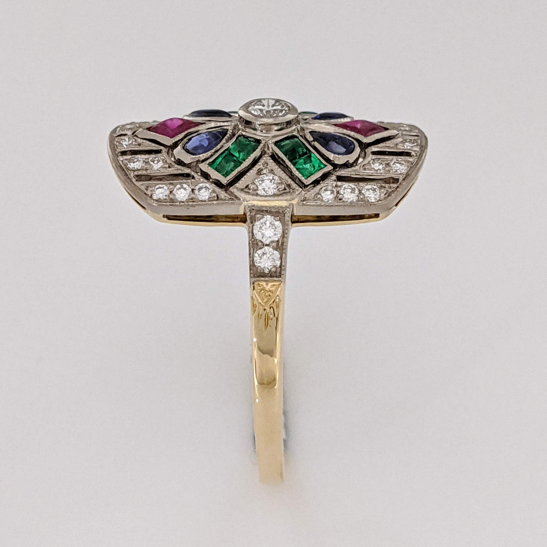18K .28 CARAT TOTAL WEIGHT DIAMOND ROUND WITH RUBY, EMERALD, AND SAPPHIRE CABOCHON ART DECO 12X20 ESTATE RING 5.0 GRAMS