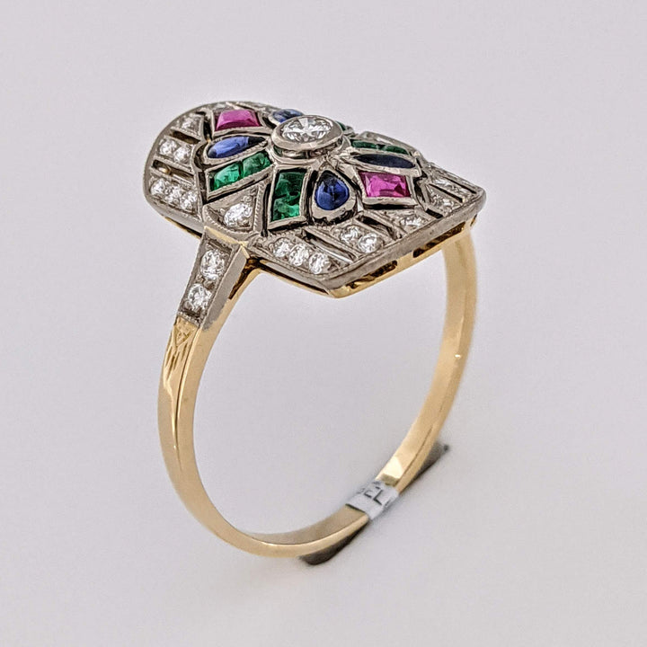 18K .28 CARAT TOTAL WEIGHT DIAMOND ROUND WITH RUBY, EMERALD, AND SAPPHIRE CABOCHON ART DECO 12X20 ESTATE RING 5.0 GRAMS