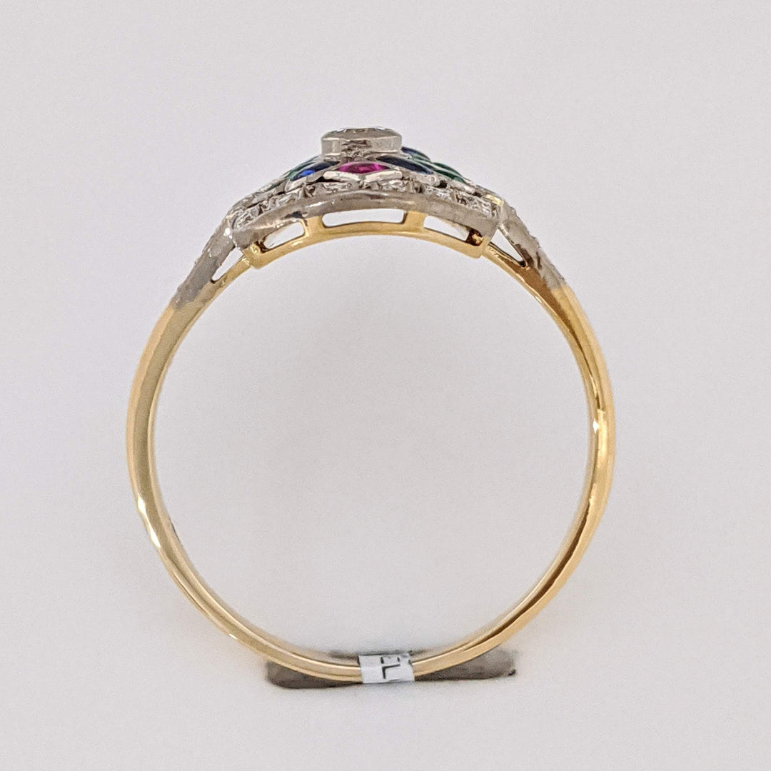 18K .28 CARAT TOTAL WEIGHT DIAMOND ROUND WITH RUBY, EMERALD, AND SAPPHIRE CABOCHON ART DECO 12X20 ESTATE RING 5.0 GRAMS