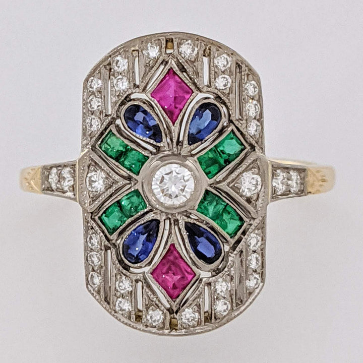 18K .28 CARAT TOTAL WEIGHT DIAMOND ROUND WITH RUBY, EMERALD, AND SAPPHIRE CABOCHON ART DECO 12X20 ESTATE RING 5.0 GRAMS