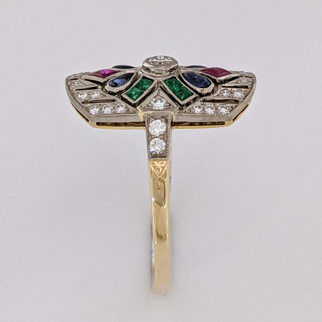 18K .28 CARAT TOTAL WEIGHT DIAMOND ROUND WITH RUBY, EMERALD, AND SAPPHIRE CABOCHON ART DECO 12X20 ESTATE RING 5.0 GRAMS