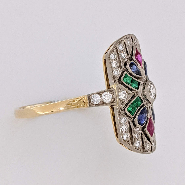 18K .28 CARAT TOTAL WEIGHT DIAMOND ROUND WITH RUBY, EMERALD, AND SAPPHIRE CABOCHON ART DECO 12X20 ESTATE RING 5.0 GRAMS