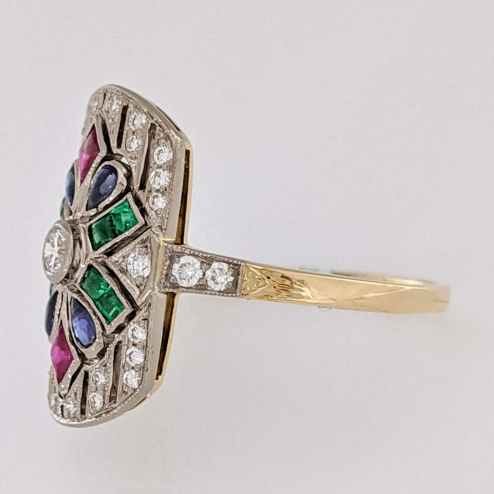 18K .28 CARAT TOTAL WEIGHT DIAMOND ROUND WITH RUBY, EMERALD, AND SAPPHIRE CABOCHON ART DECO 12X20 ESTATE RING 5.0 GRAMS