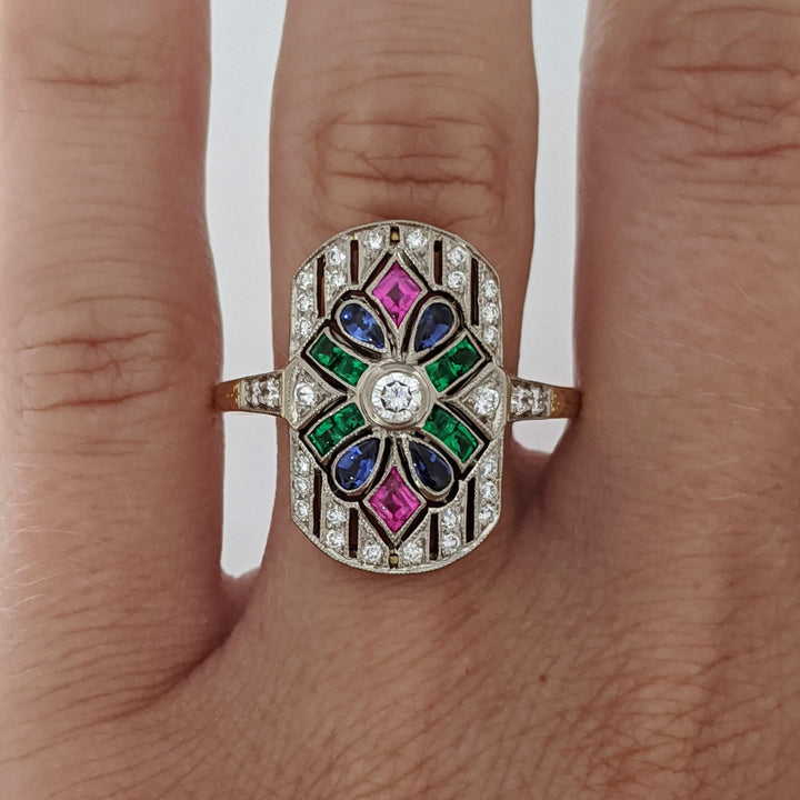 18K .28 CARAT TOTAL WEIGHT DIAMOND ROUND WITH RUBY, EMERALD, AND SAPPHIRE CABOCHON ART DECO 12X20 ESTATE RING 5.0 GRAMS