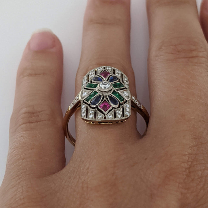 18K .28 CARAT TOTAL WEIGHT DIAMOND ROUND WITH RUBY, EMERALD, AND SAPPHIRE CABOCHON ART DECO 12X20 ESTATE RING 5.0 GRAMS