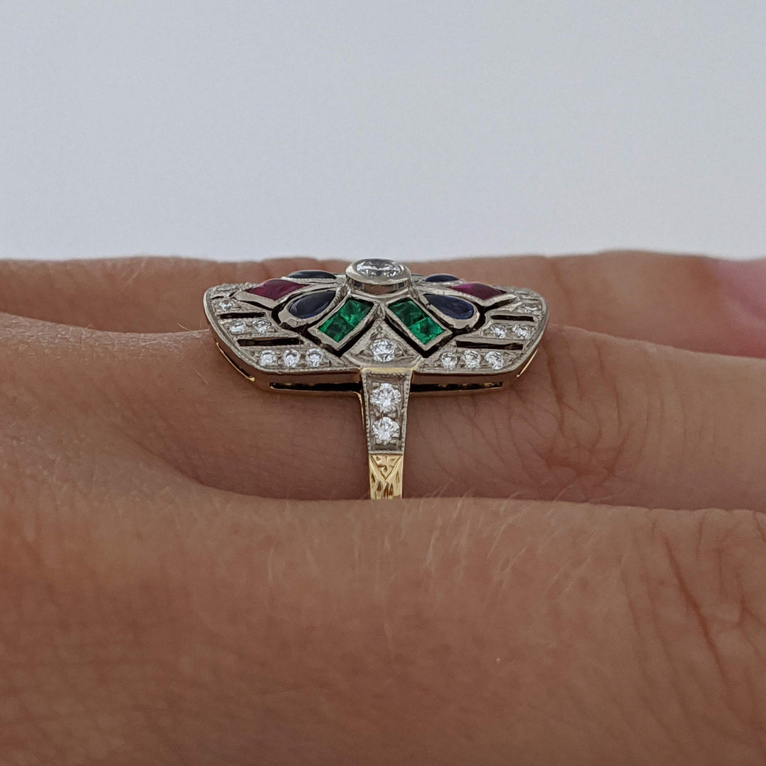 18K .28 CARAT TOTAL WEIGHT DIAMOND ROUND WITH RUBY, EMERALD, AND SAPPHIRE CABOCHON ART DECO 12X20 ESTATE RING 5.0 GRAMS