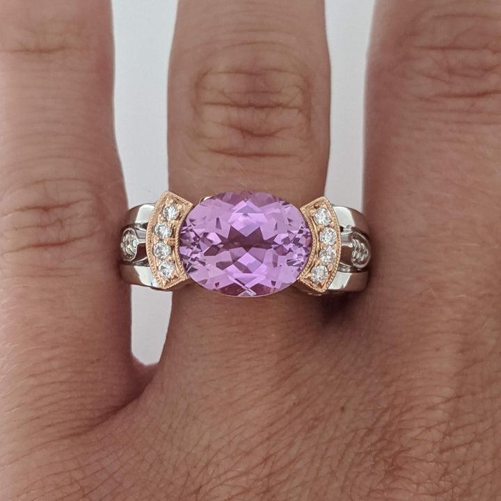 14K TWO-TONE KUNZITE OVAL 9X11 WITH .36 DIAMOND TOTAL WEIGHT (24) ROUND ESTATE RING 10.3 GRAMS