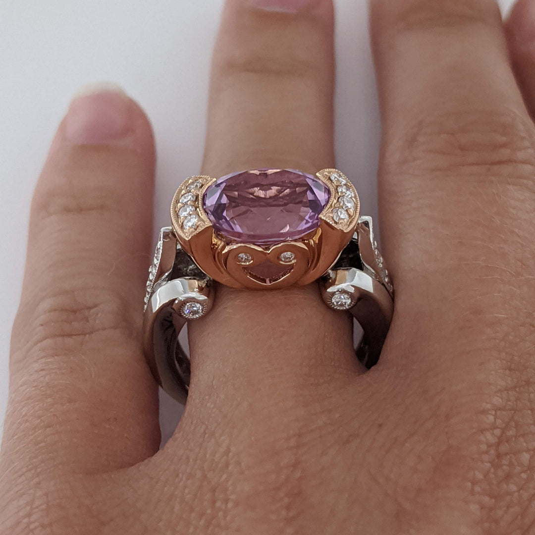14K TWO-TONE KUNZITE OVAL 9X11 WITH .36 DIAMOND TOTAL WEIGHT (24) ROUND ESTATE RING 10.3 GRAMS