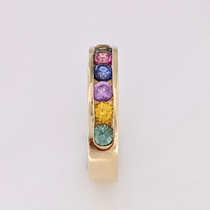 14K SAPPHIRE ROUND (10) MULTI- COLORED ESTATE CHANNEL BAND 6.5 GRAMS
