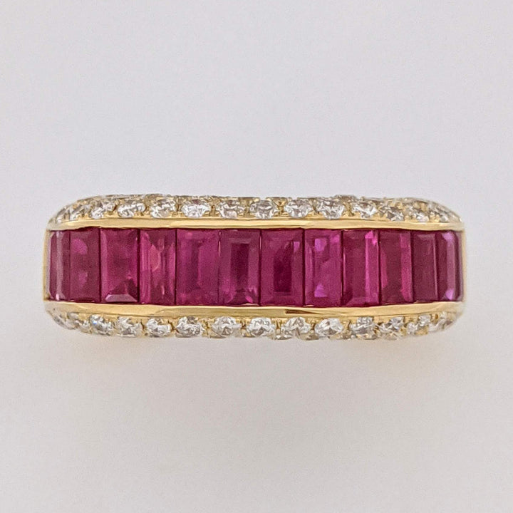 18K RUBY BAGUETTE (14) 2X4 WITH .75 DIAMOND TOTAL WEIGHT (70) SI1 G ROUND ESTATE RING 8.5 GRAMS