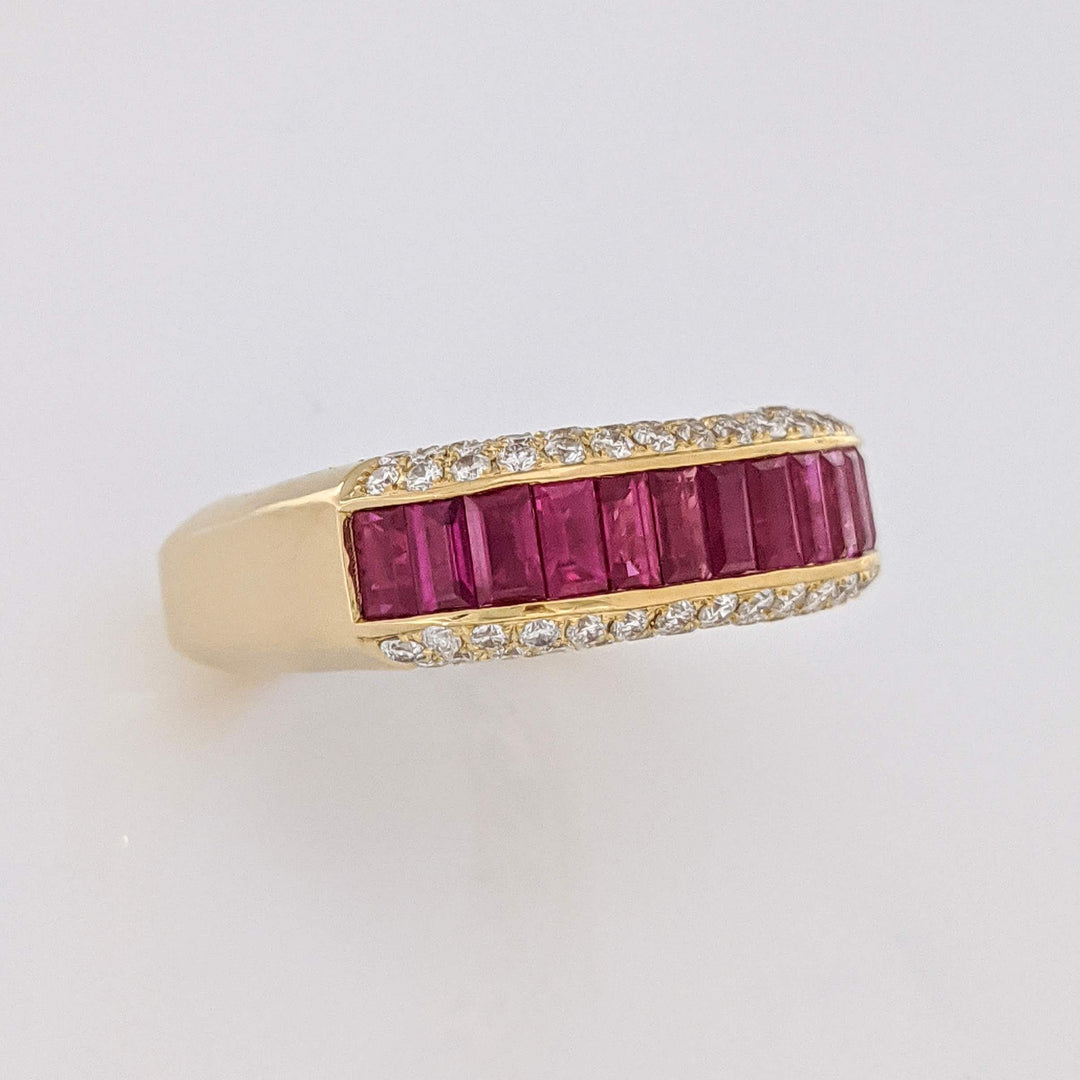 18K RUBY BAGUETTE (14) 2X4 WITH .75 DIAMOND TOTAL WEIGHT (70) SI1 G ROUND ESTATE RING 8.5 GRAMS