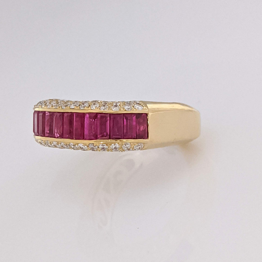18K RUBY BAGUETTE (14) 2X4 WITH .75 DIAMOND TOTAL WEIGHT (70) SI1 G ROUND ESTATE RING 8.5 GRAMS