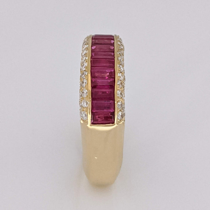 18K RUBY BAGUETTE (14) 2X4 WITH .75 DIAMOND TOTAL WEIGHT (70) SI1 G ROUND ESTATE RING 8.5 GRAMS