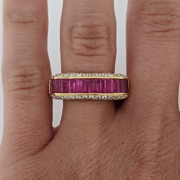 18K RUBY BAGUETTE (14) 2X4 WITH .75 DIAMOND TOTAL WEIGHT (70) SI1 G ROUND ESTATE RING 8.5 GRAMS