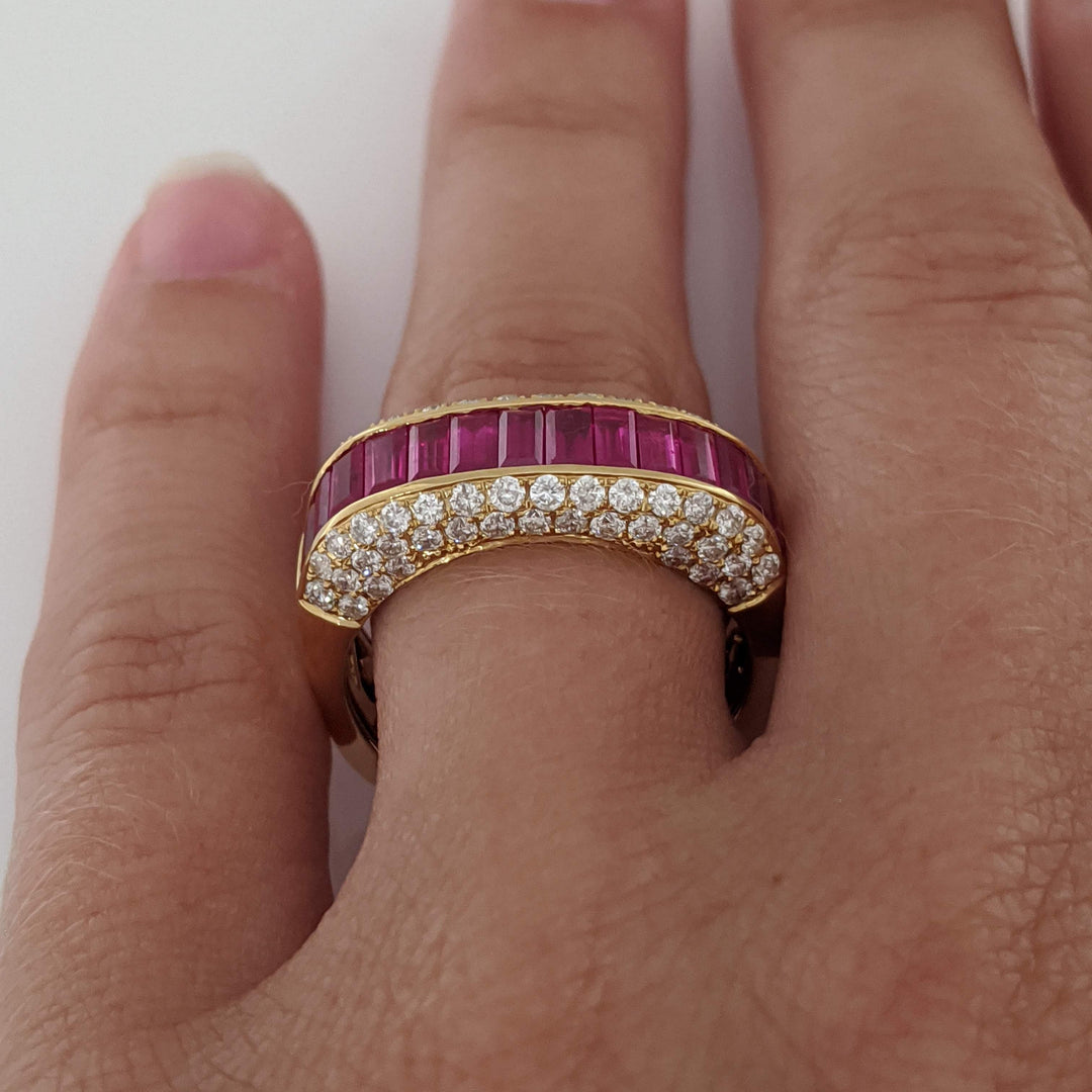 18K RUBY BAGUETTE (14) 2X4 WITH .75 DIAMOND TOTAL WEIGHT (70) SI1 G ROUND ESTATE RING 8.5 GRAMS