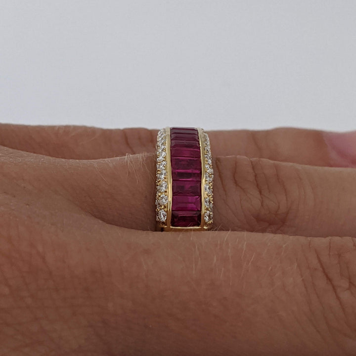 18K RUBY BAGUETTE (14) 2X4 WITH .75 DIAMOND TOTAL WEIGHT (70) SI1 G ROUND ESTATE RING 8.5 GRAMS