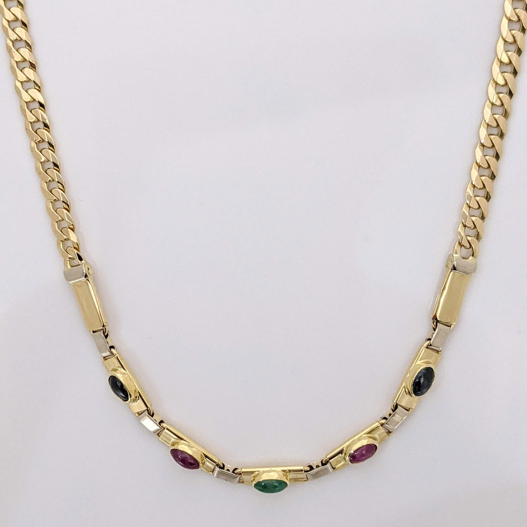 14K SAPPHIRE (2) RUBY (2) EMERALD (1) CABOCHON OVAL 3X5 ESTATE NECKLACE 14.1 GRAMS