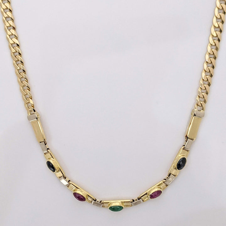 14K SAPPHIRE (2) RUBY (2) EMERALD (1) CABOCHON OVAL 3X5 ESTATE NECKLACE 14.1 GRAMS