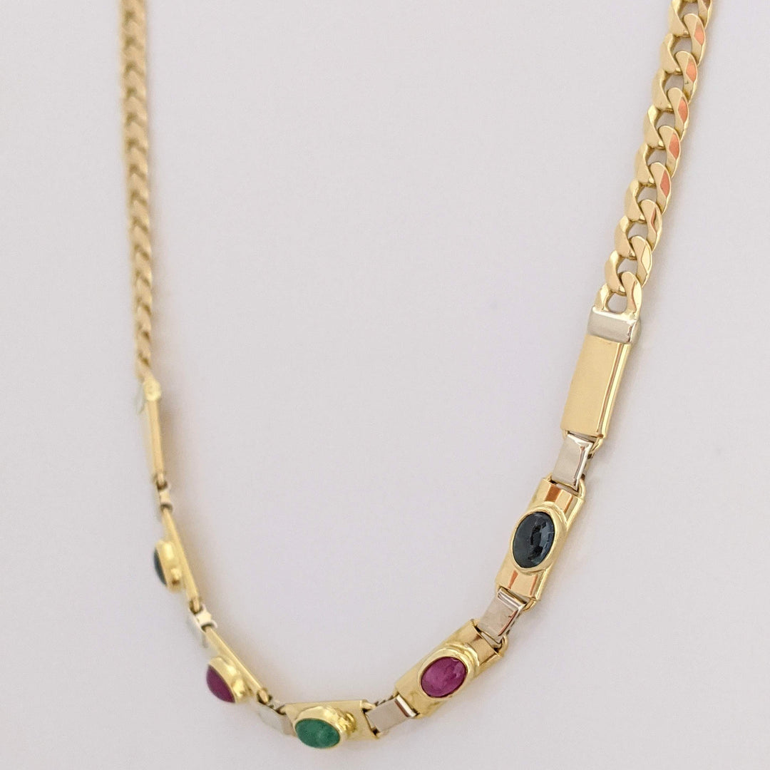 14K SAPPHIRE (2) RUBY (2) EMERALD (1) CABOCHON OVAL 3X5 ESTATE NECKLACE 14.1 GRAMS