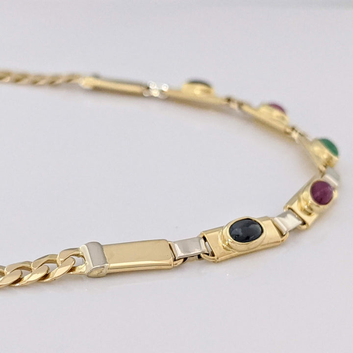 14K SAPPHIRE (2) RUBY (2) EMERALD (1) CABOCHON OVAL 3X5 ESTATE NECKLACE 14.1 GRAMS