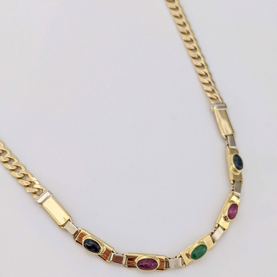 14K SAPPHIRE (2) RUBY (2) EMERALD (1) CABOCHON OVAL 3X5 ESTATE NECKLACE 14.1 GRAMS