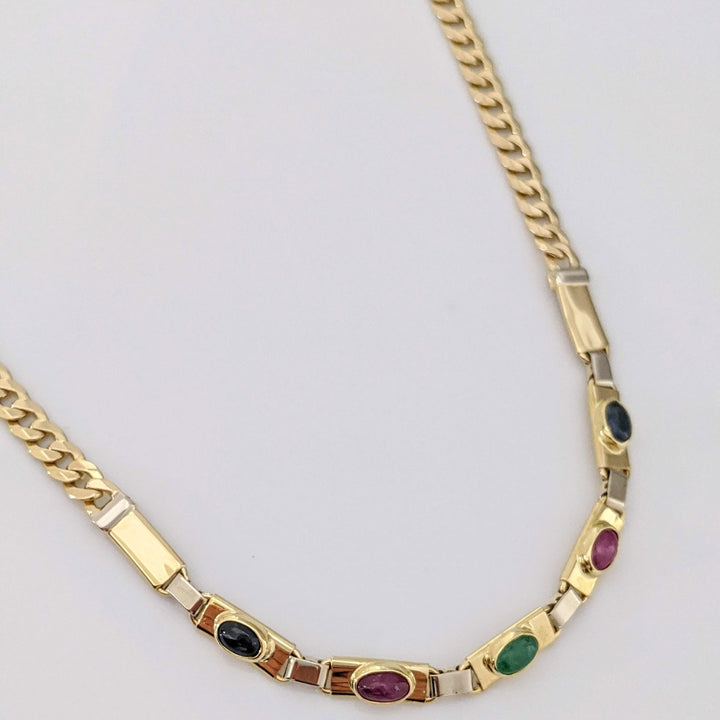 14K SAPPHIRE (2) RUBY (2) EMERALD (1) CABOCHON OVAL 3X5 ESTATE NECKLACE 14.1 GRAMS