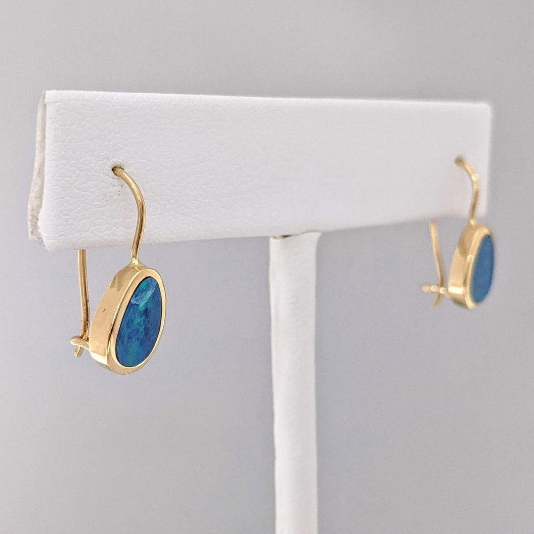 14K DOUBLET OPAL PEAR 5X8 HOOK DANGLE ESTATE EARRINGS 2.3 GRAMS