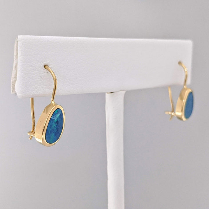 14K DOUBLET OPAL PEAR 5X8 HOOK DANGLE ESTATE EARRINGS 2.3 GRAMS