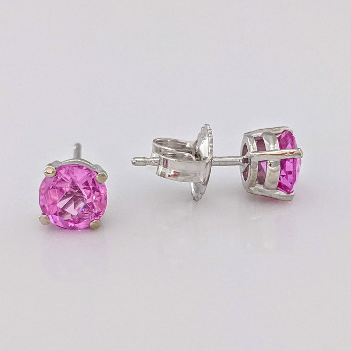 14K WHITE PINK SAPPHIRE ROUND 5.5MM ESATATE STUD EARRINGS 1.3 GRAMS