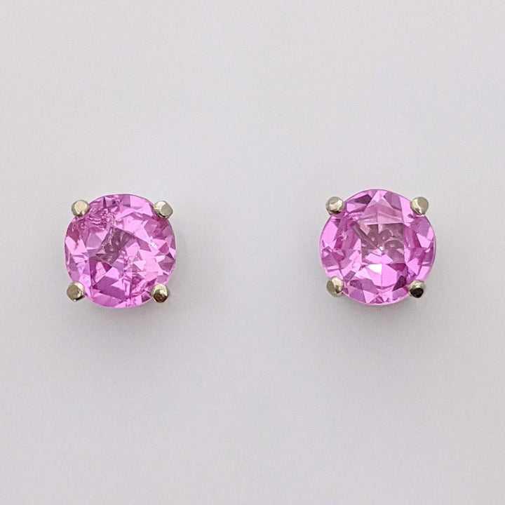 14K WHITE PINK SAPPHIRE ROUND 5.5MM ESATATE STUD EARRINGS 1.3 GRAMS
