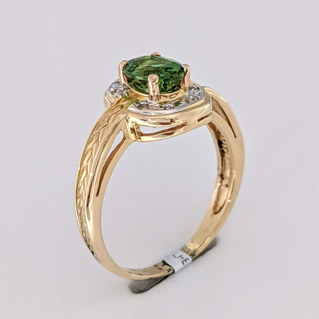 14K GREEN TOURMALINE OVAL 5X7 WITH (8) MELEE ESTATE RING 3.2 GRAMS