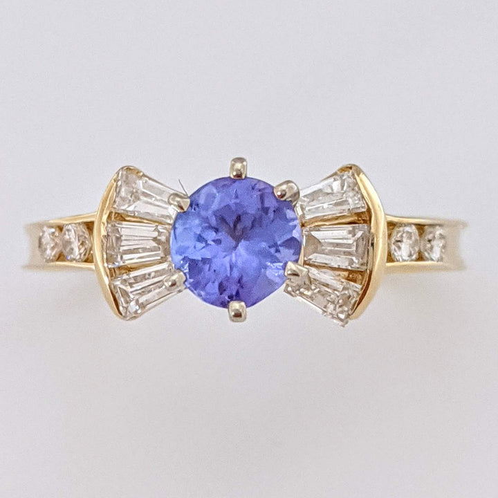 14K TANZANITE ROUND 4.7MM WITH .40 DIAMOND TOTAL WEIGHT BAGUETTE (6) ROUND (4) ESTATE RING 2.5 GRAMS