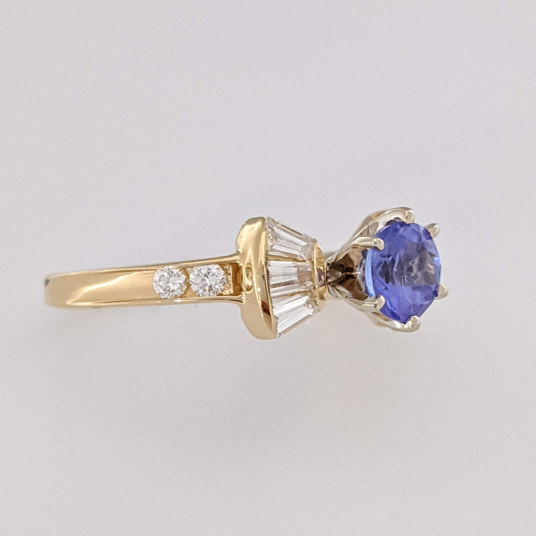 14K TANZANITE ROUND 4.7MM WITH .40 DIAMOND TOTAL WEIGHT BAGUETTE (6) ROUND (4) ESTATE RING 2.5 GRAMS