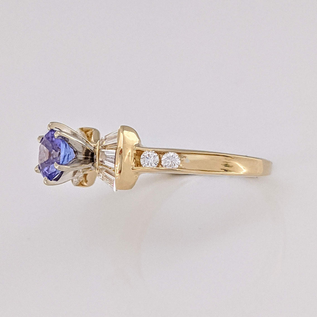 14K TANZANITE ROUND 4.7MM WITH .40 DIAMOND TOTAL WEIGHT BAGUETTE (6) ROUND (4) ESTATE RING 2.5 GRAMS