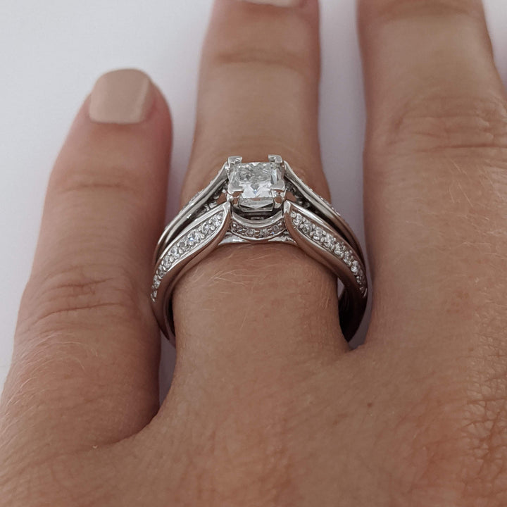 14K WHITE 1.22 CARAT TOTAL WEIGHT I1 H DIAMOND PRINCESS CUT WITH (44) ROUND ESTATE RING/JACKET SET 6.3 GRAMS