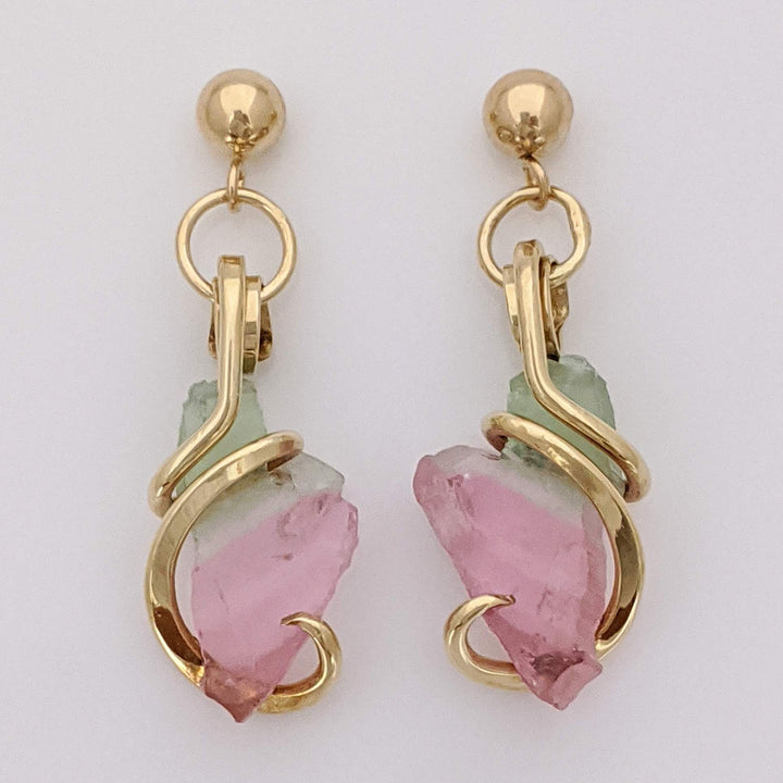 14K BI-COLORED TOURMALINE FREE FORM DANGLE ESTATE EARRINGS 2.8 GRAMS