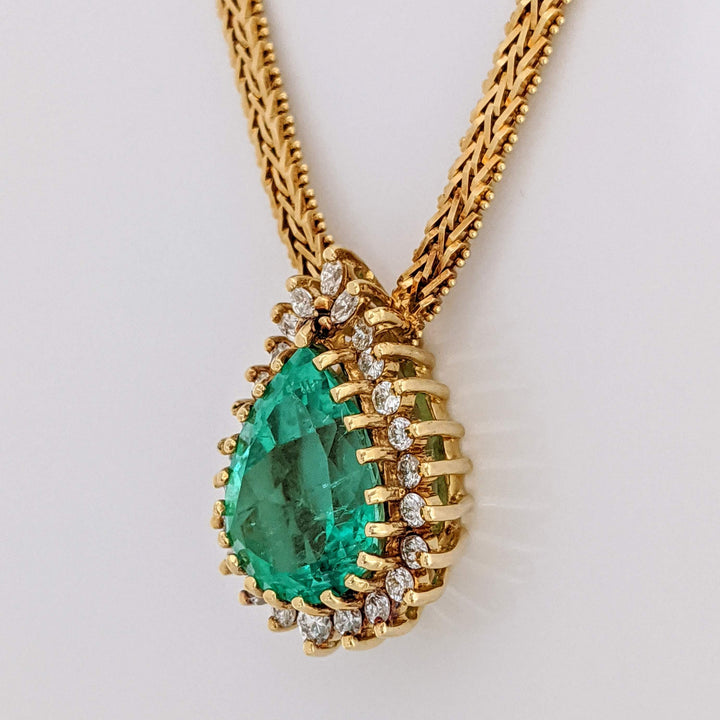 18K EMERALD PEAR 12X16 WITH .77 DIAMOND TOTAL WEIGHT (24) ROUND/ MARQUISE ESTATE NECKLACE 30.2 GRAMS