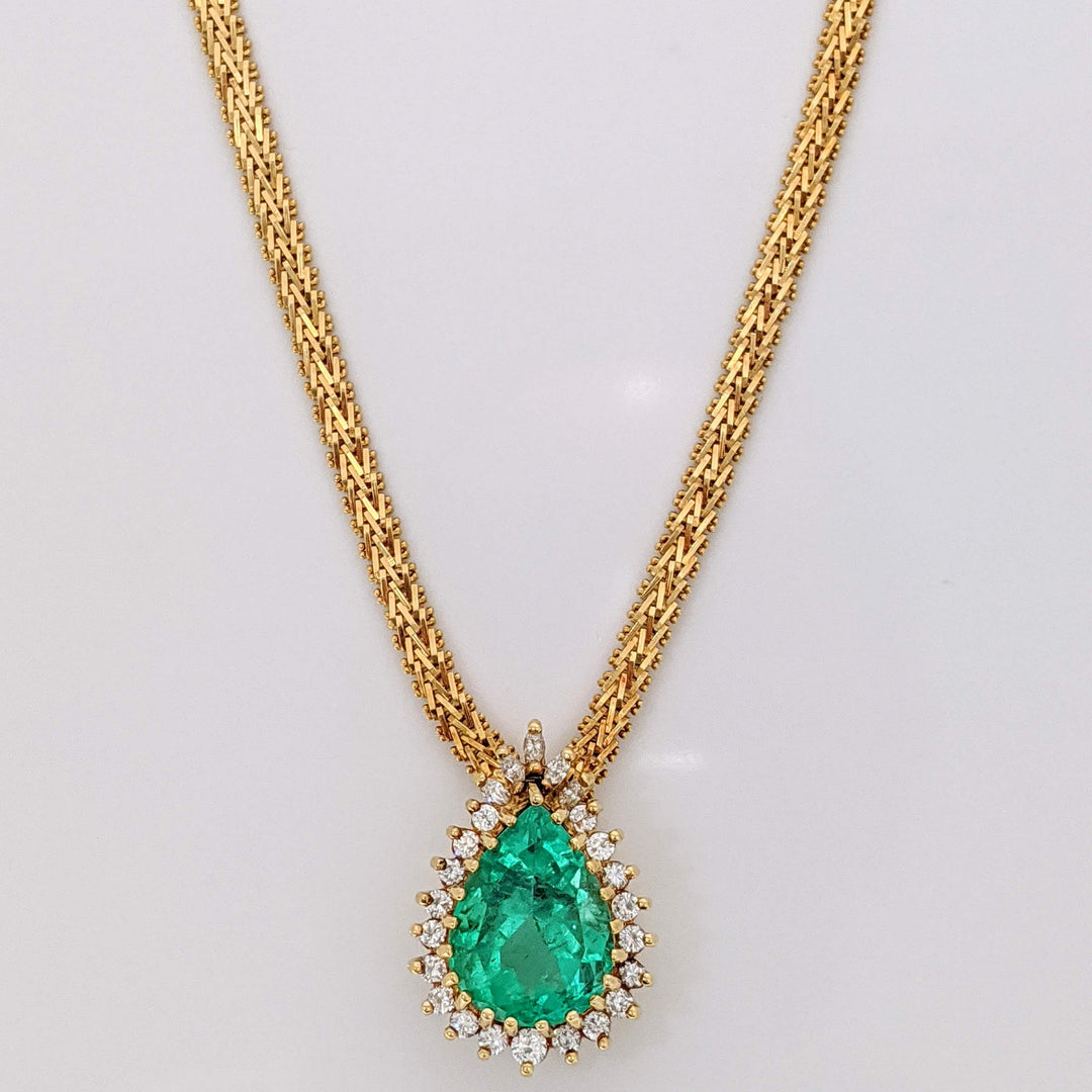 18K EMERALD PEAR 12X16 WITH .77 DIAMOND TOTAL WEIGHT (24) ROUND/ MARQUISE ESTATE NECKLACE 30.2 GRAMS