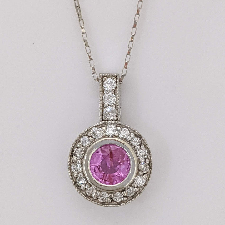 14K WHITE PINK SAPPHIRE ROUND 5MM BEZEL WITH (18) MELEE ESTATE PENDANT & CHAIN 1.7 GRAMS