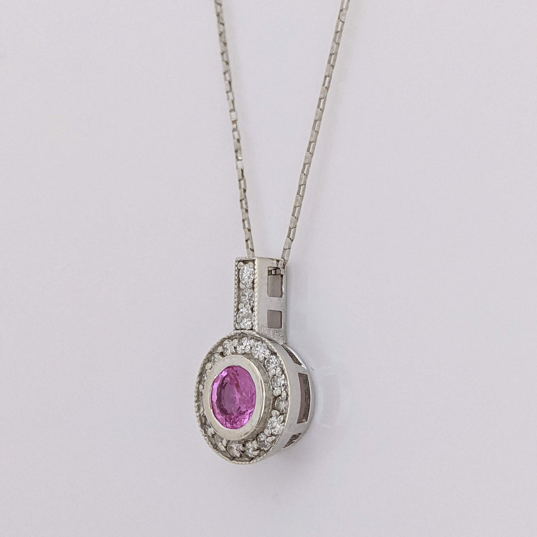 14K WHITE PINK SAPPHIRE ROUND 5MM BEZEL WITH (18) MELEE ESTATE PENDANT & CHAIN 1.7 GRAMS