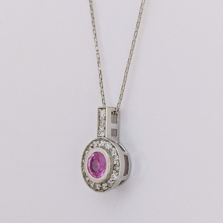 14K WHITE PINK SAPPHIRE ROUND 5MM BEZEL WITH (18) MELEE ESTATE PENDANT & CHAIN 1.7 GRAMS