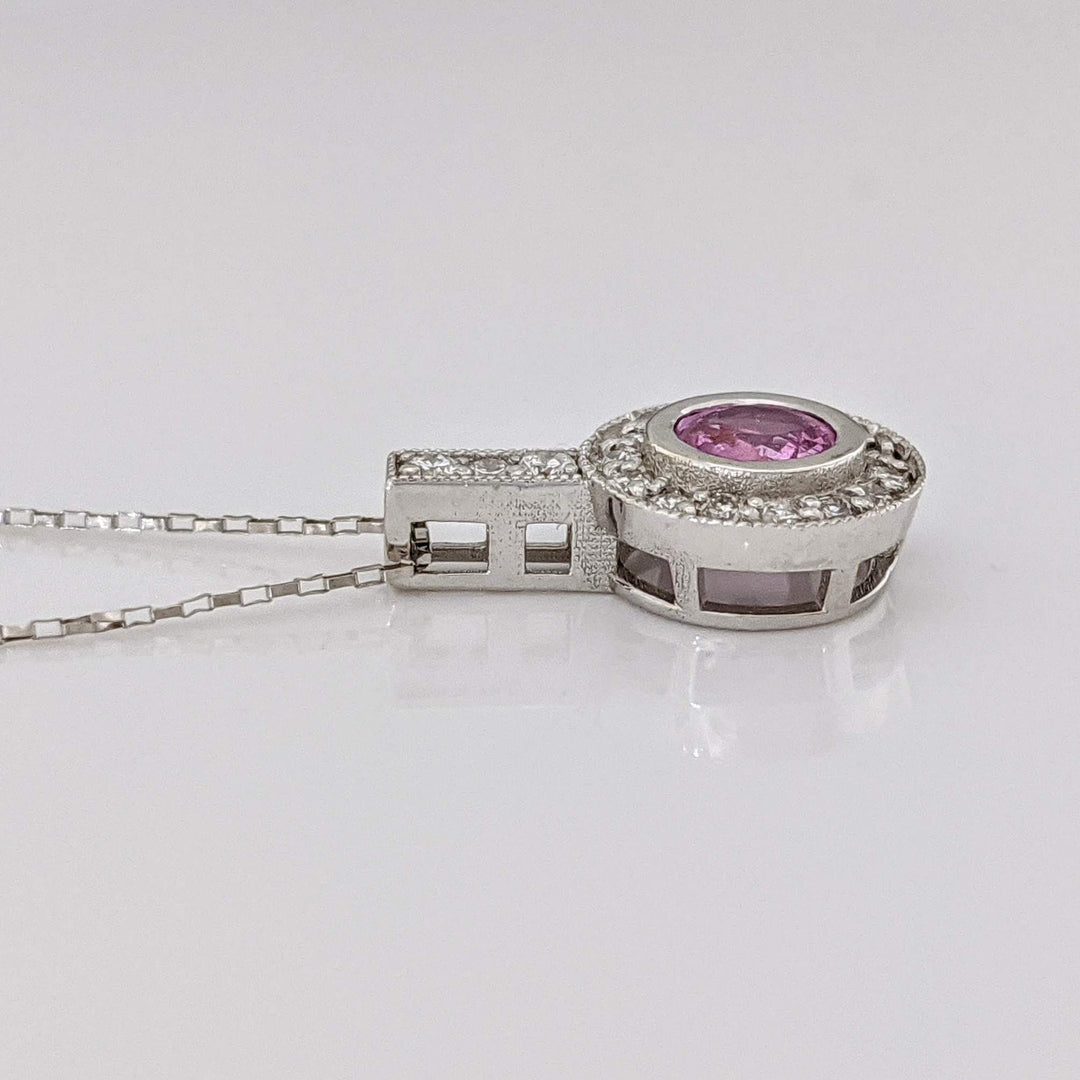 14K WHITE PINK SAPPHIRE ROUND 5MM BEZEL WITH (18) MELEE ESTATE PENDANT & CHAIN 1.7 GRAMS