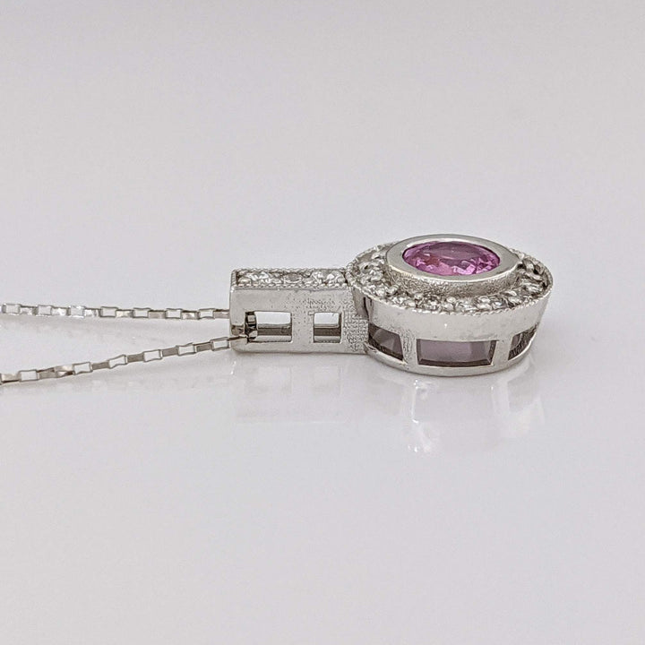 14K WHITE PINK SAPPHIRE ROUND 5MM BEZEL WITH (18) MELEE ESTATE PENDANT & CHAIN 1.7 GRAMS