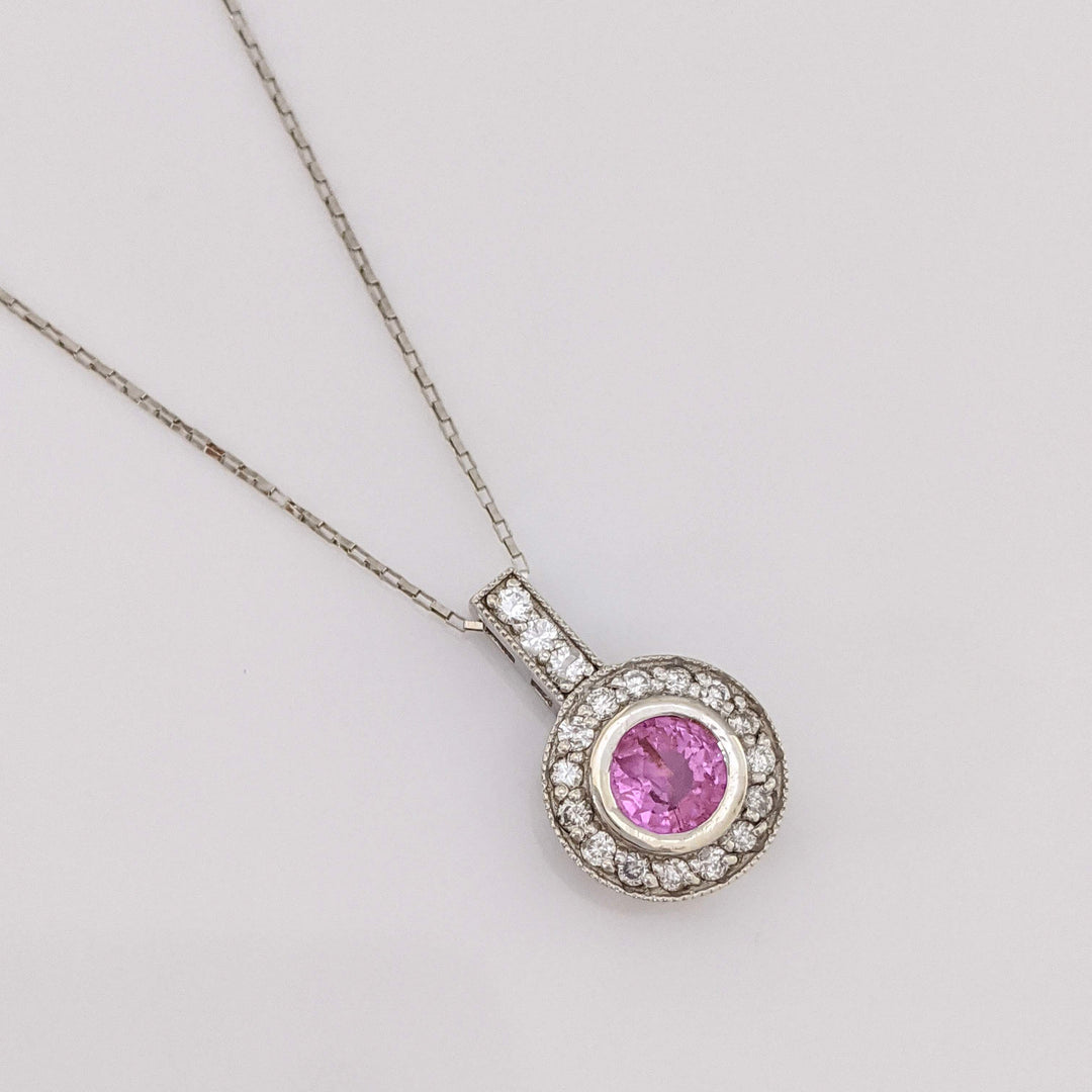 14K WHITE PINK SAPPHIRE ROUND 5MM BEZEL WITH (18) MELEE ESTATE PENDANT & CHAIN 1.7 GRAMS