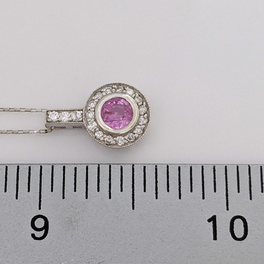 14K WHITE PINK SAPPHIRE ROUND 5MM BEZEL WITH (18) MELEE ESTATE PENDANT & CHAIN 1.7 GRAMS
